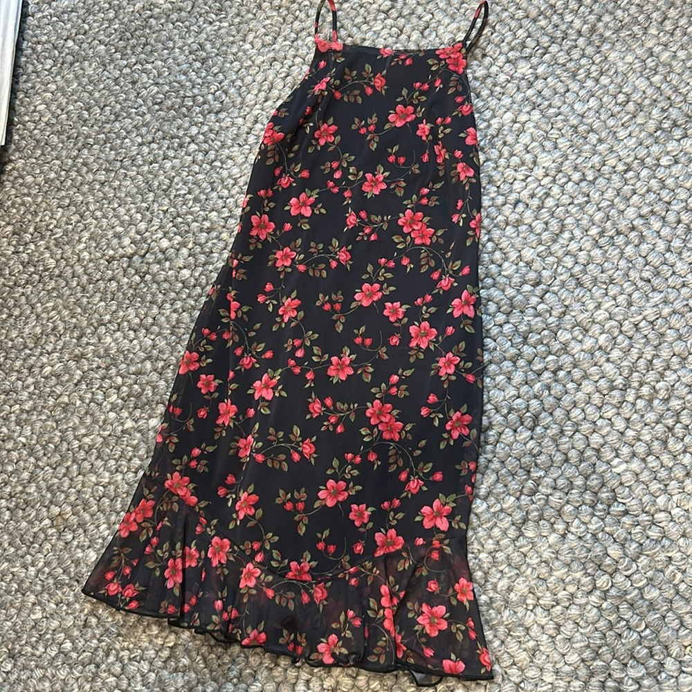 Mirrors Vintage Black Red Floral Midi Slip Dress Size XS